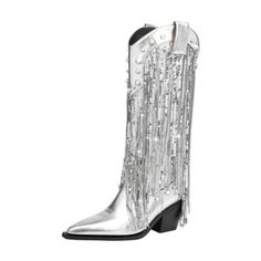 Silver Metallic Tassel Cowboy Boots Block Heel Pearl Embellished Ankle Boots Western Rhinestone Fringe Boots For Fall, Western Boots With Rhinestone Fringe For Fall, Trendy Spring Boots With Tassels, Trendy Tassel Boots For Spring, Western Party Boots With Fringe, Party Boots With Fringe And Pointed Toe, Pointed Toe Party Boots With Fringe, Western Summer Boots With Fringe, Western Fringe Boots For Summer