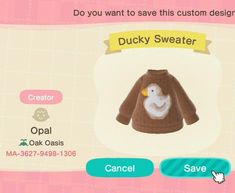 a screenshot of a ducky sweater in the animal crossing game, which is available for purchase