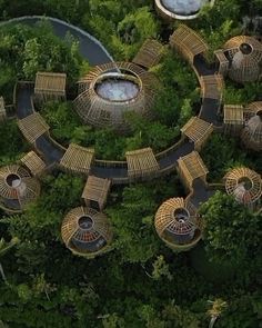 an aerial view of some huts in the middle of a forest with lots of trees