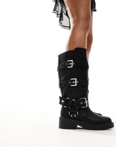 Edgy Knee-high Boots With Buckle Closure, Black Punk Style Knee-high Boots With Buckle, Black Punk Knee-high Boots With Buckle, Black Punk Knee-high Boots With Buckle Closure, Punk Style Leather Knee-high Boots With Buckle, Black Wide Calf Mid-calf Boots With Buckle, Black Wide Calf Mid-calf Boots With Buckle Closure, Edgy Knee-high Boots With Buckle For Fall, Black Wide Calf Knee-high Boots With Buckle Closure