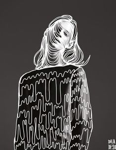 a black and white drawing of a woman's back