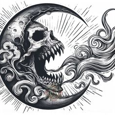 a black and white drawing of a skull on the moon with waves coming out of it