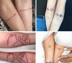 four different tattoos on the arms and legs of people with their hands in heart shapes