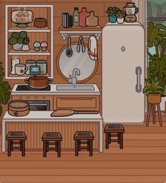 a kitchen with wooden floors and shelves filled with plants