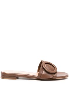 cognac brown calf leather smooth grain decorative buckle detail round open toe branded leather footbed flat leather sole slip-on style Flat Leather Sandals, Raffia Sandals, Latest Sandal, T Strap Flats, Rossi Shoes, Leather Gladiator Sandals, Leather Sandals Flat, Brown Leather Sandals, Leather Sandals Women