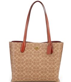 From COACH&#x2C; the Signature Logo Willow Canvas and Leather Tote Bag features:Signature coated canvas and refined calf leatherTurnlock and magnetic snap closuresCenter zip compartmentDouble handlesFour protective feet at baseApprox. 13.5" L x 10.75" H x 5.75" W bag; 11.5" handle dropImported. Signature Logo, Leather Tote Bag, Tote Handbags, Leather Tote, Purses And Handbags, Rust, Tote Bag, Brass, Handbags