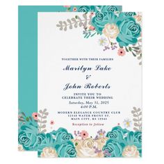 a wedding card with flowers and leaves on the front, in teal blue tones