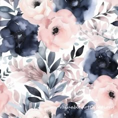 watercolor floral pattern with blue and pink flowers on a white background for wallpaper