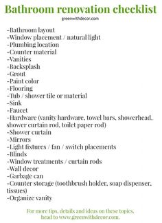 the bathroom renovation checklist is shown in green and white, with words above it