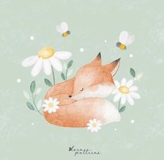 a painting of a sleeping fox surrounded by daisies and bees on a green background