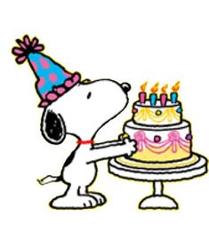 a cartoon dog holding a birthday cake with candles on it's top and wearing a party hat