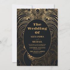 an elegant black and gold wedding card with the words, the wedding of alexandria michael