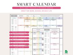 the smart planner with habit trackerr and progress graph is shown in pink, yellow, and green