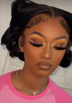 Gold Shadow Makeup, Ytk Tattoos, Cute Gold Makeup Looks, Natural Makeup Looks With Glitter, Prom Makeup Dramatic, Prom Makeup Black Women Rhinestones, Orange Prom Makeup Looks Black Women, Makeup Looks For Black Women Prom, Soft Glam Makeup With Rhinestones