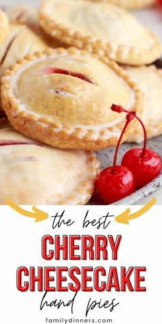 the best cherry cheesecake hand pies on a plate with cherries and text overlay