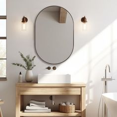 a bathroom with a sink, mirror and bathtub