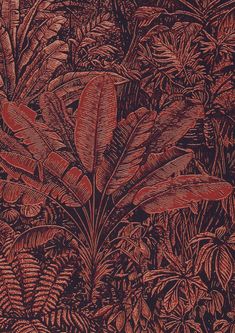 an image of a red plant in the middle of some trees and plants with lots of leaves