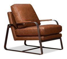 a brown leather chair sitting on top of a metal frame with an armrest and foot rest