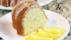 a slice of lemon bundt cake on a white plate