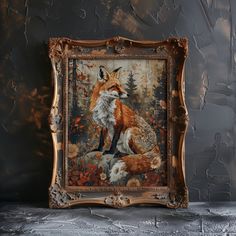 a painting of a fox sitting on top of a table next to a wooden frame