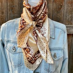 "Our classic wild rag/scarf in a beautiful paisley and fleur-de-lis with polka dot trim. It is a square and measures 35\" x 35\". A perfect look for any rodeo event to just a night out on the town. It is sure to spice up any outfit. Pair with any one of your favorite screw back conchos and our slide adapter for the perfect wild rag slide and scarf combo.100% machine washable polyester, silky and soft.   Custom upgrades available upon request. Message us today to learn more!" Wild Rags Outfits, Western Scarf, Outfit Western, Cute Cowgirl Outfits, Red Shawl, Bright Pop, Brown Polka Dots, Wild Rag, Yee Haw