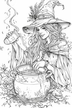 a witch stirring her caulder in the witches coloring page for adults and children