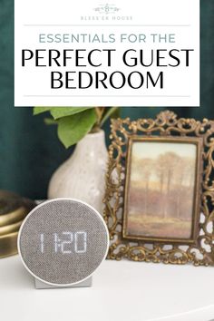 the perfect guest bedroom is on display with an image of trees in the background and text overlay that reads essentials for the perfect guest bedroom