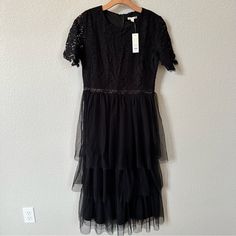 Francesca’s Miami Adaleen Black Dress Lace Top W/ Tiered Tulle Bottom Size L Short Sleeve, Zip In Back, Hits Me About Mid Calf (I’m 5’6”) New With Tags! Check Out My Closet And Bundle For A Deal. Black Tiered Dress With Lace Trim, Black Layered Summer Dress, Spring Black Layered Dress, Pretty Blue Dress, Black Dress Lace, Spring Midi Dress, Miami Dresses, Blue Halter Dress, Peach Dress