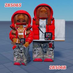 a couple of people standing next to each other in front of a white box with red hoodies