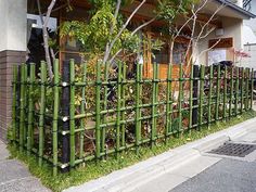 a bamboo fence with plants growing on it next to a sidewalk in front of a building