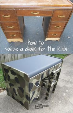 an old desk has been transformed into a camouflage print desk for the kids to use