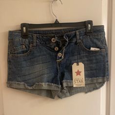 Vanilla Star Women Jeans Shorts 3” Regular Rise, Brand New Cotton Bottoms With Star Print, Short Length, Cotton Bottoms With Star Print In Short Length, Short Cotton Bottoms With Star Print, Casual Cotton Bottoms With Star Print, Cotton Star Print Short Bottoms, Cotton Bottoms With Star Print And Short Length, Casual Cotton Shorts With Star Print, Blue Star Print Short Bottoms, Casual Stretch Bottoms With Star Print