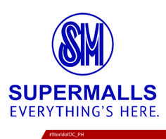 the logo for supermalls everything's here, which is red and blue