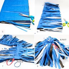 instructions for how to make a tasseled book cover with scissors and fabric strips