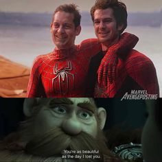 two men in spider - man costumes, one is smiling and the other has a beard