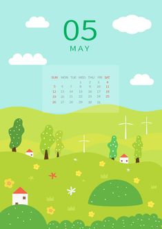 the calendar for may is shown in green and blue with trees, houses, and clouds