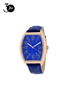 Stainless steel case, Leather strap, Blue dial, Quartz Movement, Scratch resistant mineral, Water resistant up to 3 ATM - 30 meters - 100 feet //  CV0376 Blue Rectangular Business Watches, Classic Blue Rectangular Watch Accessories, Rectangular Blue Quartz Watches, Leather Strap Watch, Mineral Water, Blue Leather, Quartz Movement, Stainless Steel Case, Leather Straps