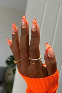 Almost Nail Designs, Neon Fall Nails, Fun Orange Nails, Almost Nails, Hot Orange Nails, Orange Trendy Nails, Orange And Brown Nails, Orange Almond Nails, Orange Chrome Nails