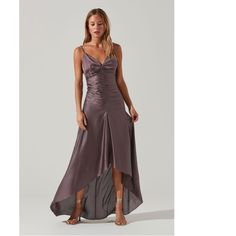 Size: Small (Runs Small) Bust: 31-33 In. Waist: 25 In. Details & Care With A Flattering Hi-Low Hem, This Maxi Bridesmaid Dress Features A Luxuriously Chic Satin Finish. Sweetheart Neckline Leads To A Ruched Bodice That Descends To A Maxi Skirt. Adjustable Shoulder Straps. Concealed Back Zip Closure. ***Style Runs Small, Size Up For Best Fit.*** Self: 95% Polyester 5% Elastane Lining 100% Polyester Dry Clean Only Zipper Closure Style#Adr101208 Elegant Lavender Ruched Dress, Chic Purple Ruched Midi Dress, Sleeveless Ruched Purple Maxi Dress, Purple Ruched Maxi Dress For Evening, Purple Ruched Midi Dress For Date Night, Purple Ruched Maxi Dress, Chic Purple Dresses With Ruched Bodice, Chic Purple Dress With Ruched Bodice, Cocktail Maxi Dress