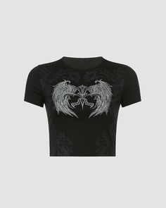 Details: Black shirt with cupid wings graphical printLength: NormalSleeve Length: Short sleevesMaterials:95% Cotton + 5% Spandex Gothic Fabric, Styl Grunge, Wing Pattern, Goth Clothes, Printed Crop Top, Street Y2k, Black Grunge, Crop Top Dress, Retro Streetwear