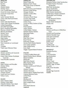 a list of food and drink names on a white background