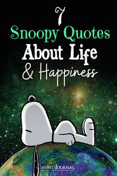 snoopy quotes about life and happiness on the cover of a book with stars in the background