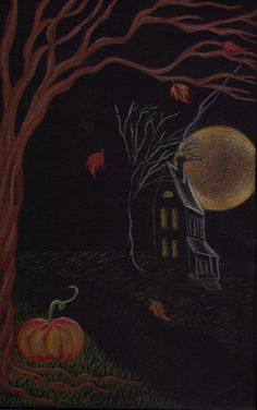 a drawing of a house in the woods at night