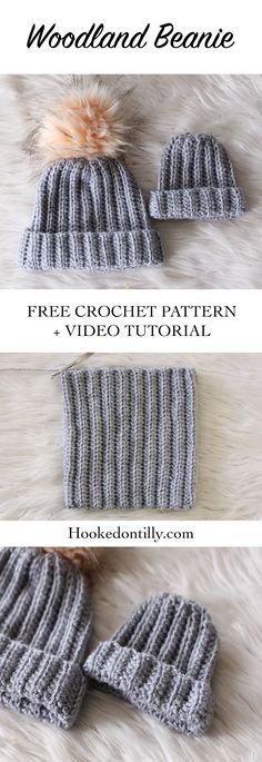 three different knitted hats with text that reads, free crochet pattern and video instructions