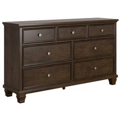 a brown dresser with six drawers and two doors on the top shelf, in front of a white background