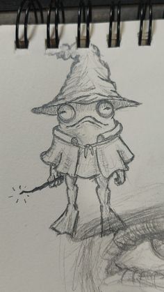 a drawing of a wizard with a wand in his hand and a hat on it's head