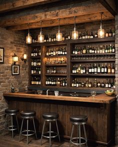 a bar with stools and bottles on the shelves