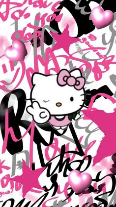 a hello kitty wallpaper with pink and black hearts on the bottom right hand corner