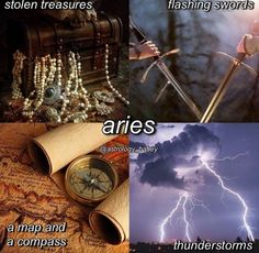 four different pictures with the words aries and thunderstorms on them, including an old