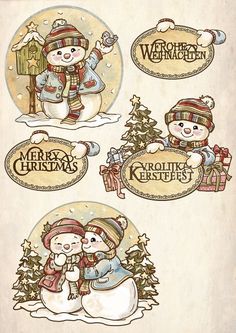 christmas stickers with snowman and polar bear in hats, scarfs and mittens